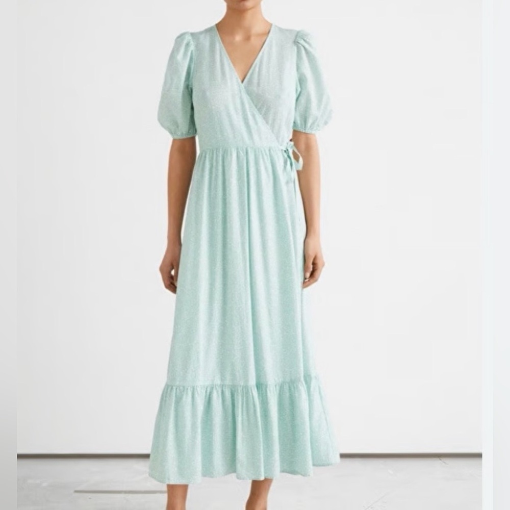& Other Stories Paris Atelier Puff Sleeve Wrap Light Green Maxi Dress Size 8